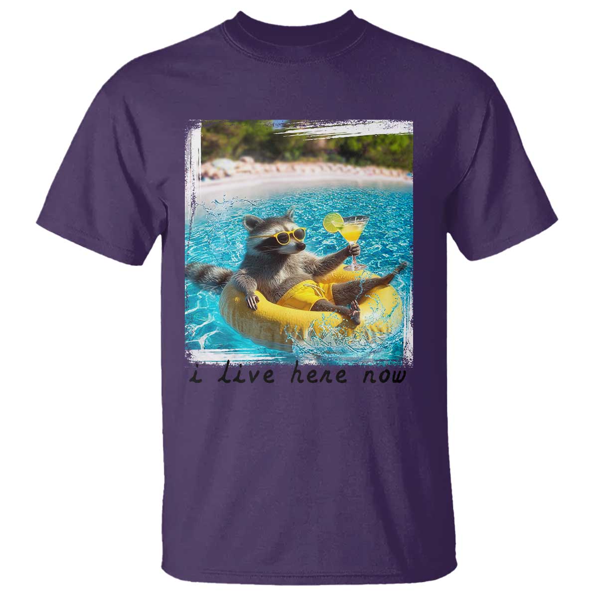 I Live Here Now Raccoon T Shirt Funny Summer Vacation Meme