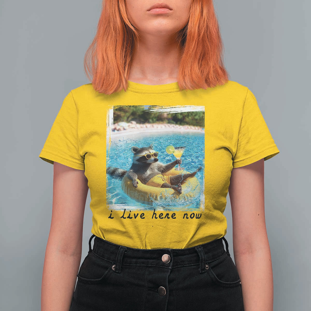 I Live Here Now Raccoon T Shirt For Women Funny Summer Vacation Meme