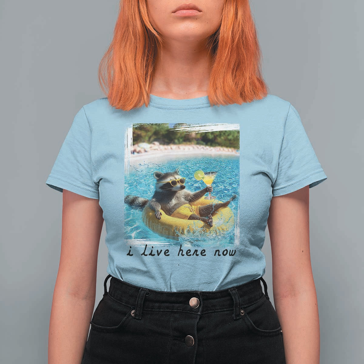 I Live Here Now Raccoon T Shirt For Women Funny Summer Vacation Meme