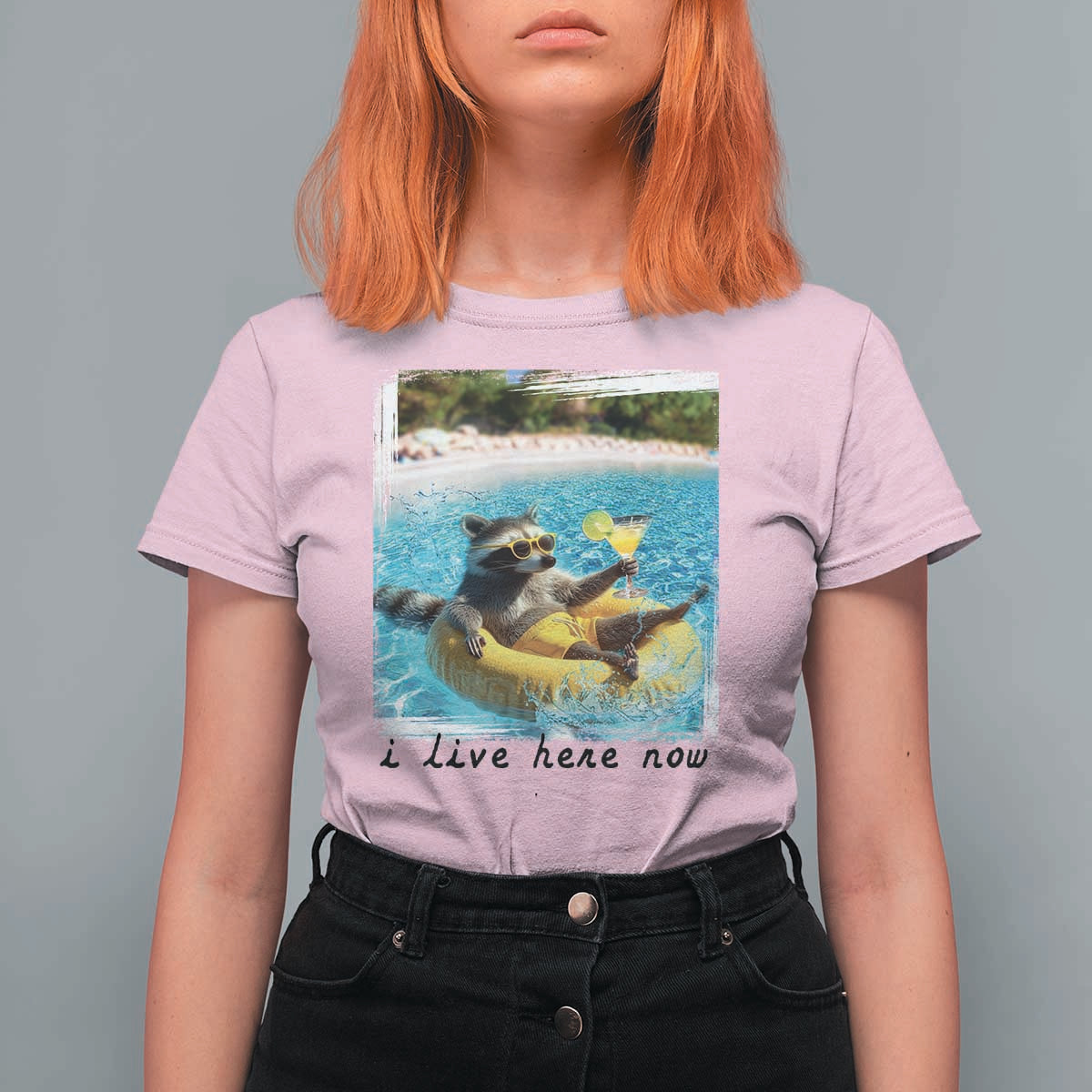 I Live Here Now Raccoon T Shirt For Women Funny Summer Vacation Meme