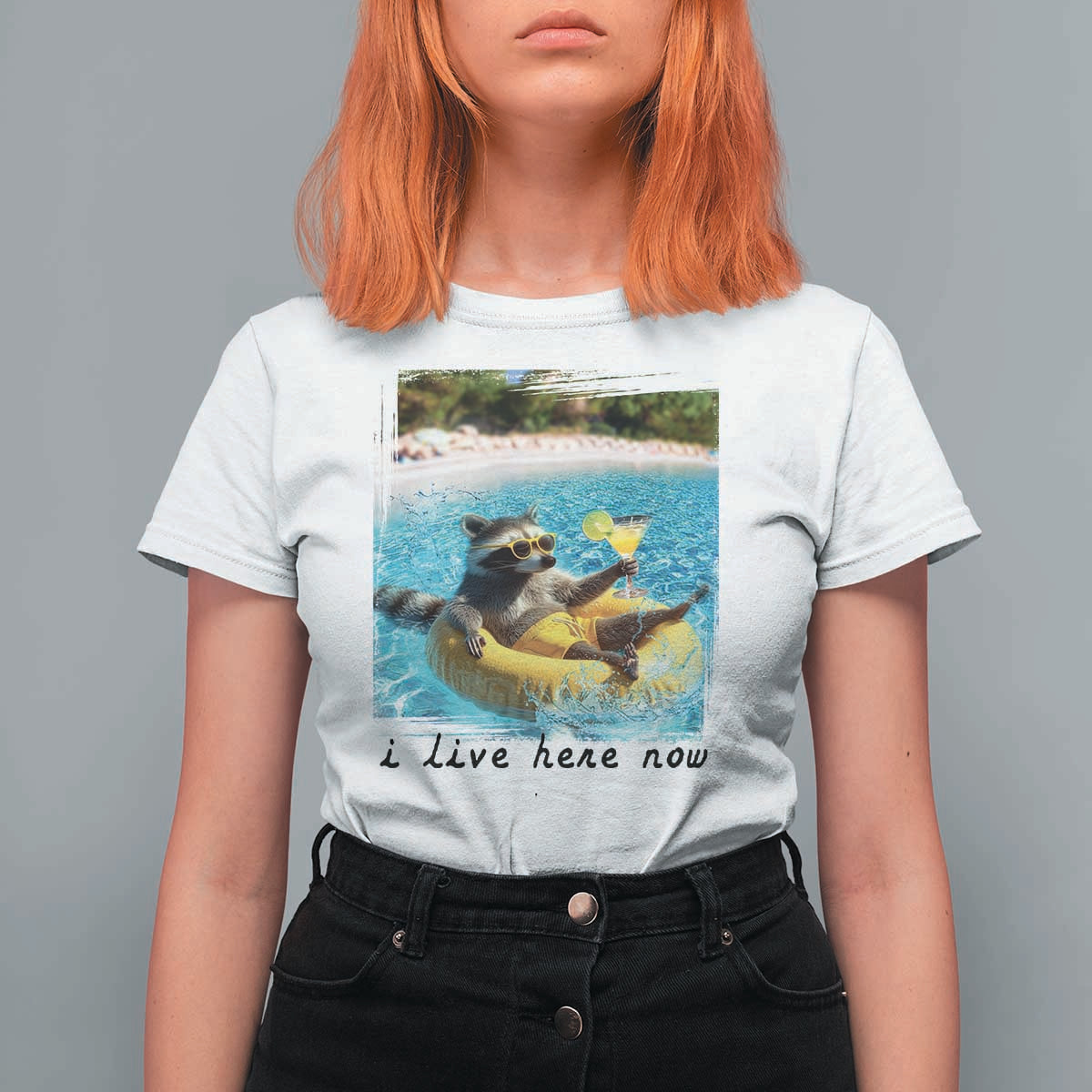 I Live Here Now Raccoon T Shirt For Women Funny Summer Vacation Meme