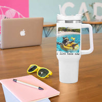 I Live Here Now Raccoon Tumbler With Handle Funny Summer Vacation Meme