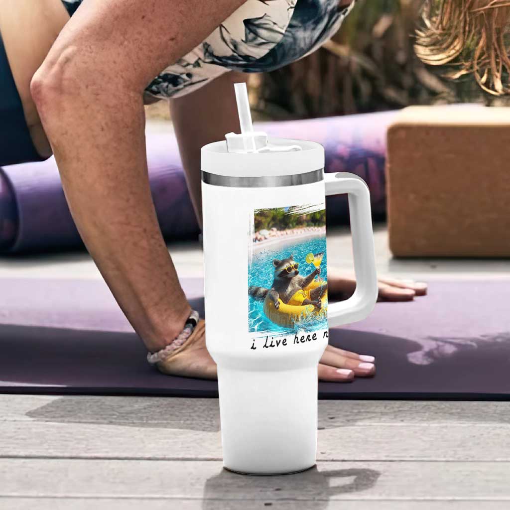 I Live Here Now Raccoon Tumbler With Handle Funny Summer Vacation Meme