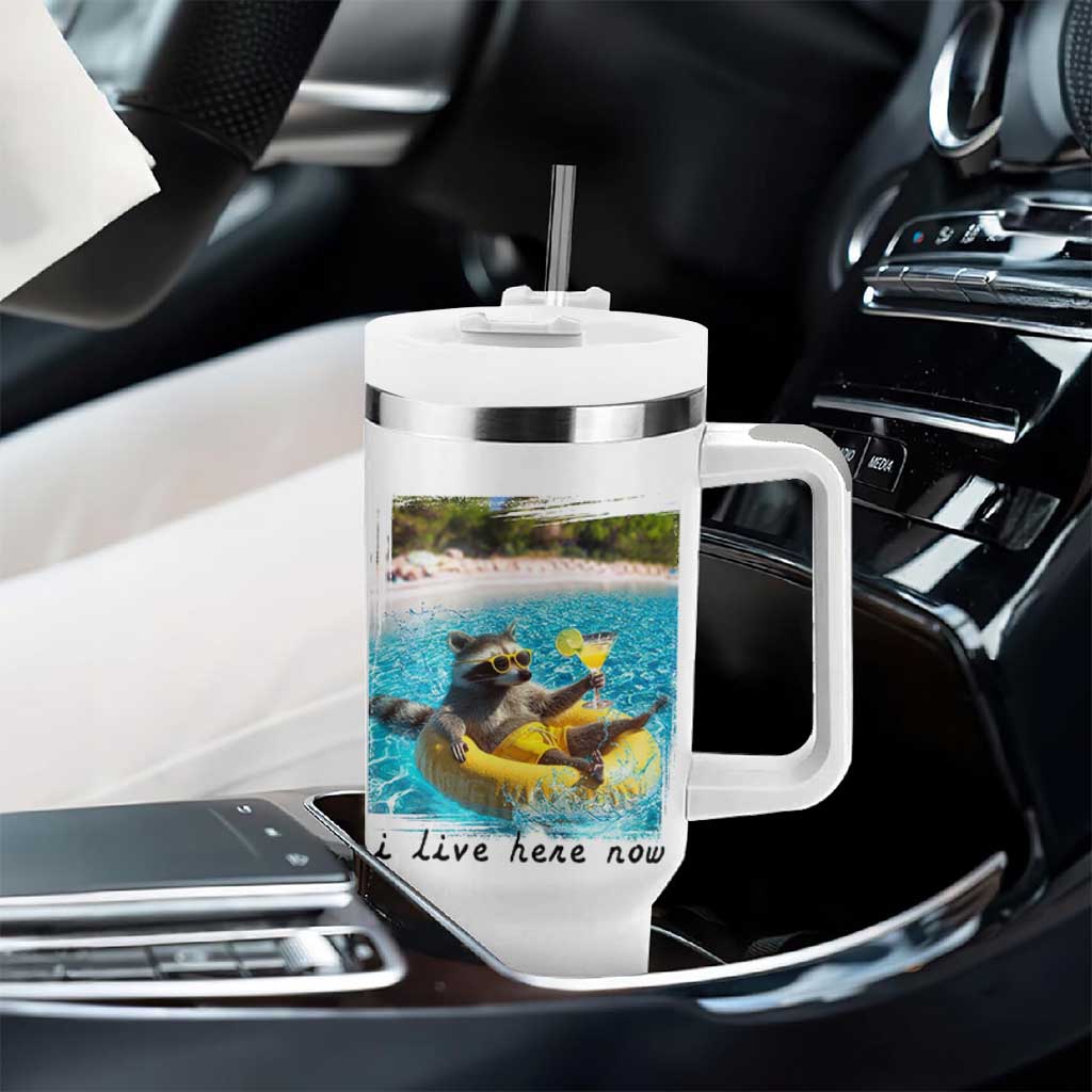 I Live Here Now Raccoon Tumbler With Handle Funny Summer Vacation Meme