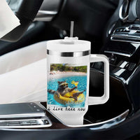 I Live Here Now Raccoon Tumbler With Handle Funny Summer Vacation Meme