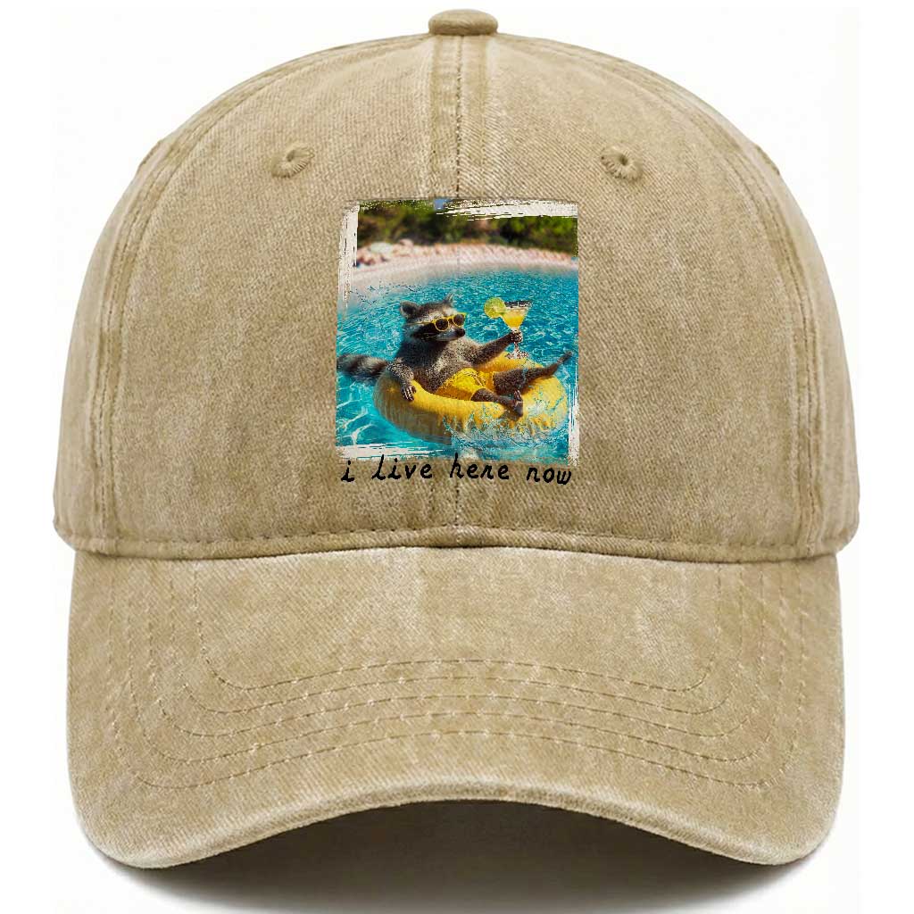 I Live Here Now Raccoon Washed Cotton Baseball Cap Funny Summer Vacation Meme