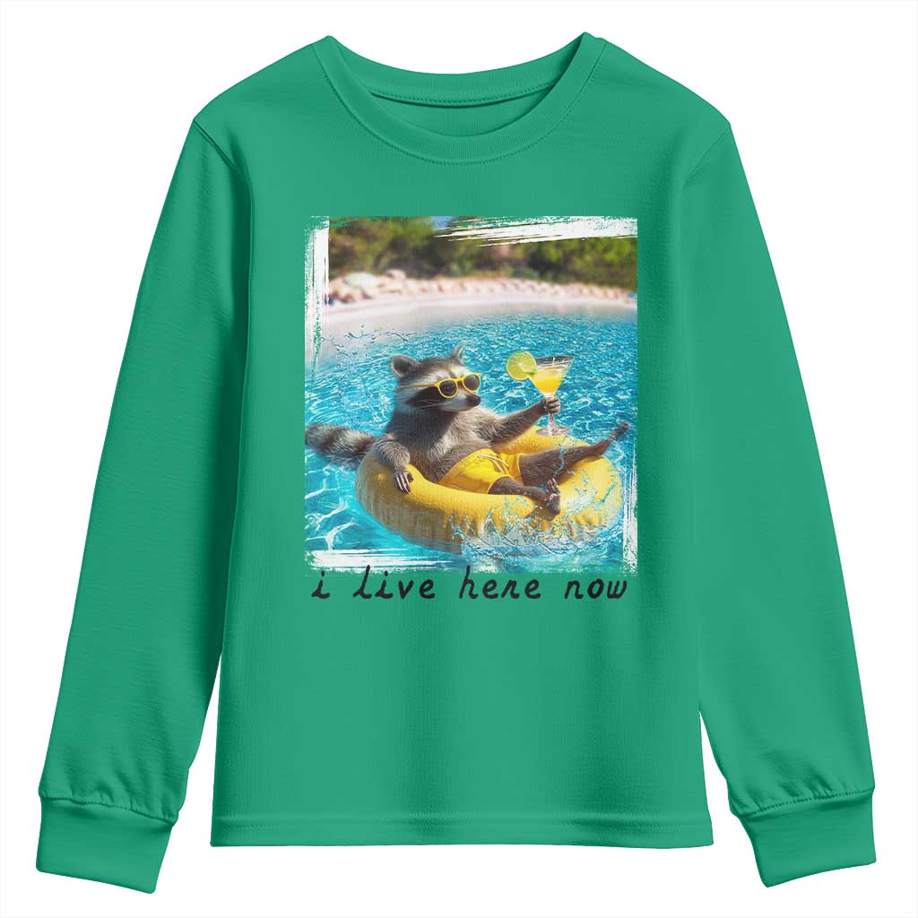 I Live Here Now Raccoon Youth Sweatshirt Funny Summer Vacation Meme