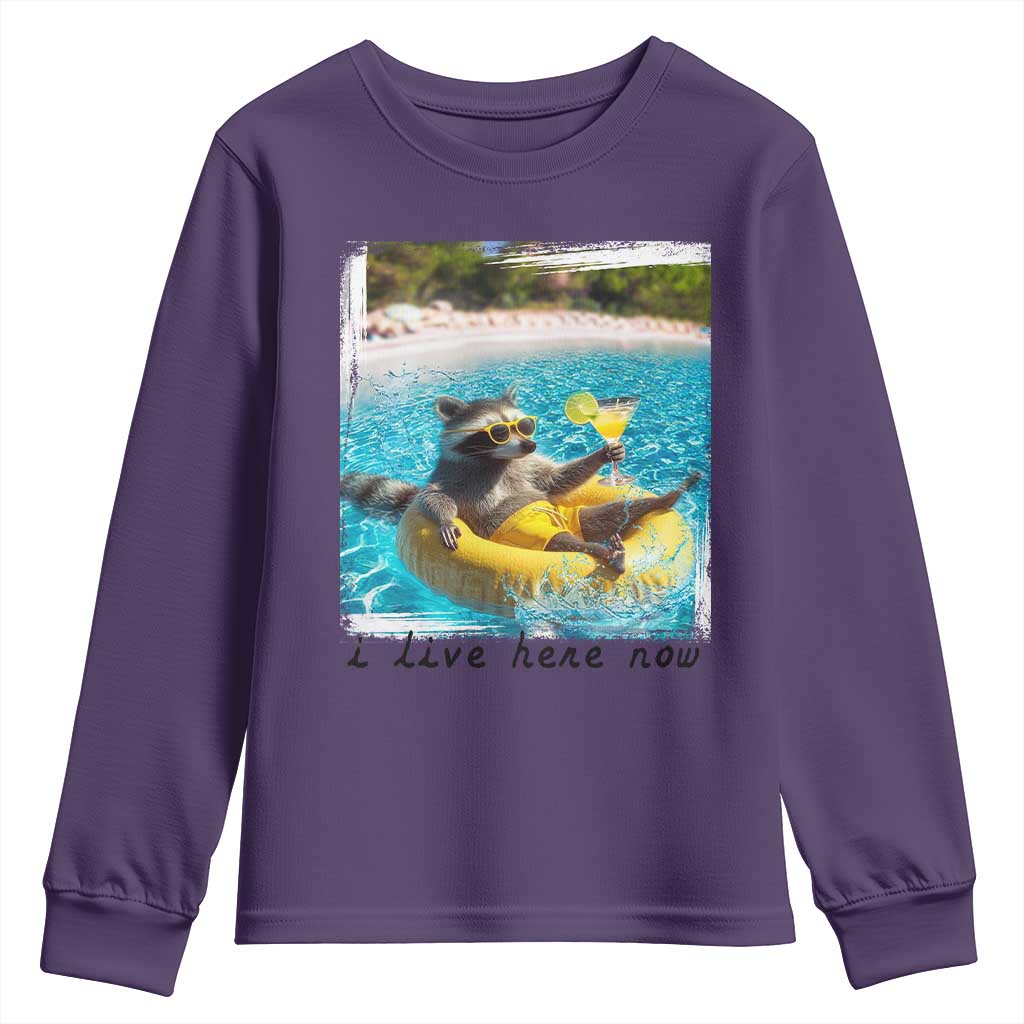 I Live Here Now Raccoon Youth Sweatshirt Funny Summer Vacation Meme