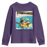 I Live Here Now Raccoon Youth Sweatshirt Funny Summer Vacation Meme