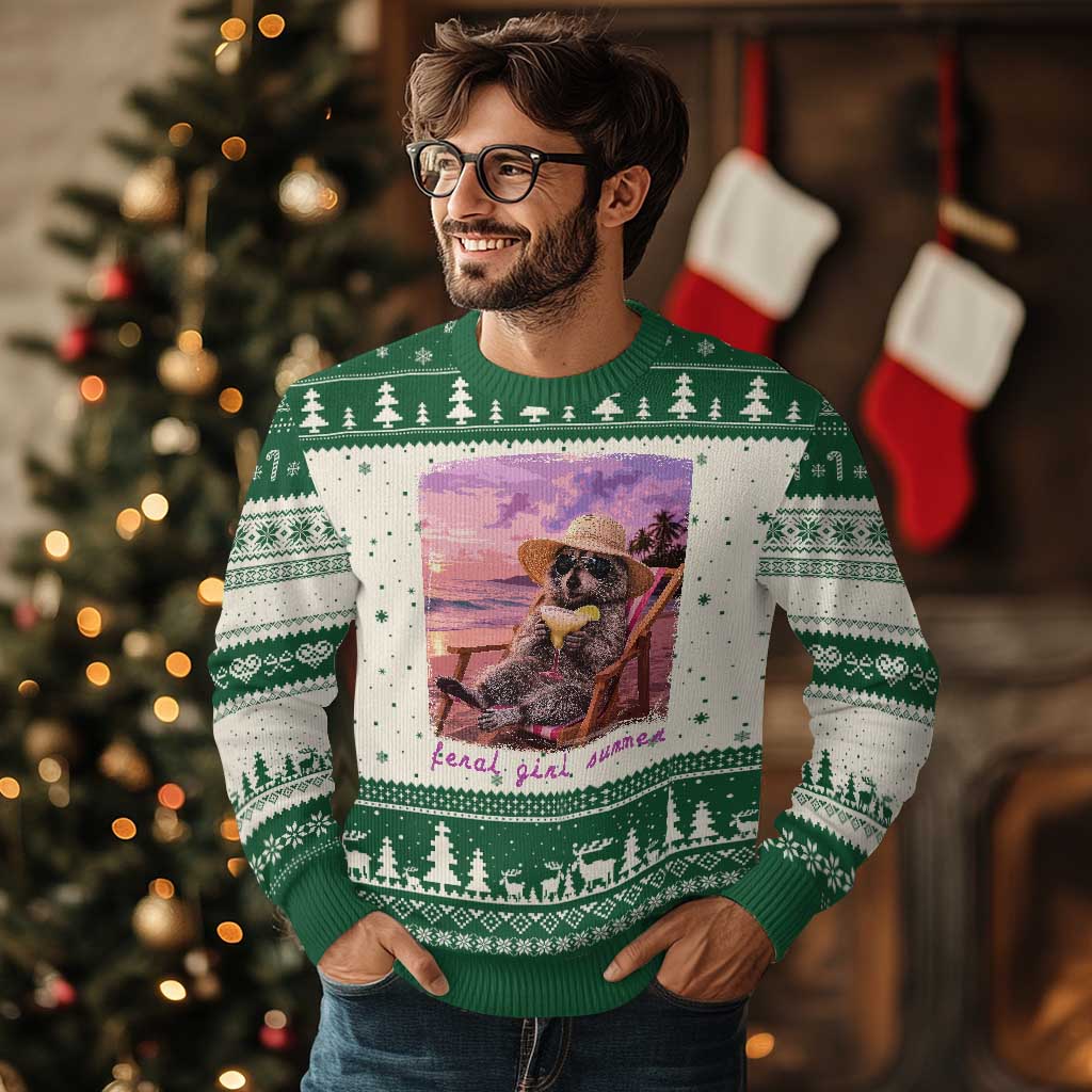 Feral Girl Summer Ugly Christmas Sweater Funny Raccoon Summer Beach Meme