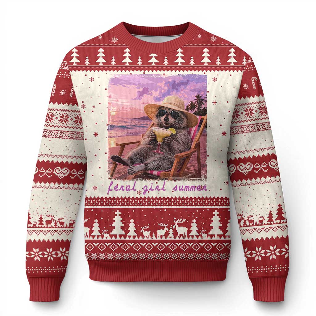 Feral Girl Summer Ugly Christmas Sweater Funny Raccoon Summer Beach Meme