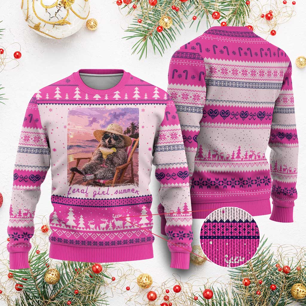 Feral Girl Summer Ugly Christmas Sweater Funny Raccoon Summer Beach Meme