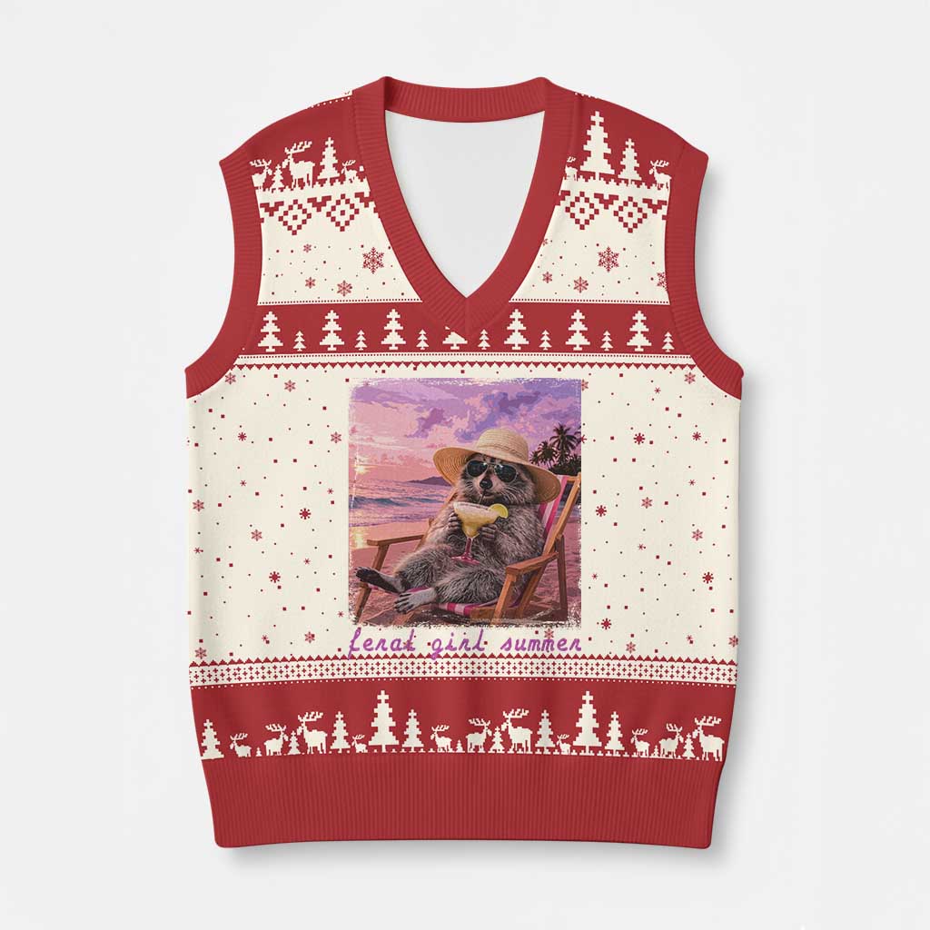 Feral Girl Summer V-Neck Knit Sweater Vest Funny Raccoon Summer Beach Meme