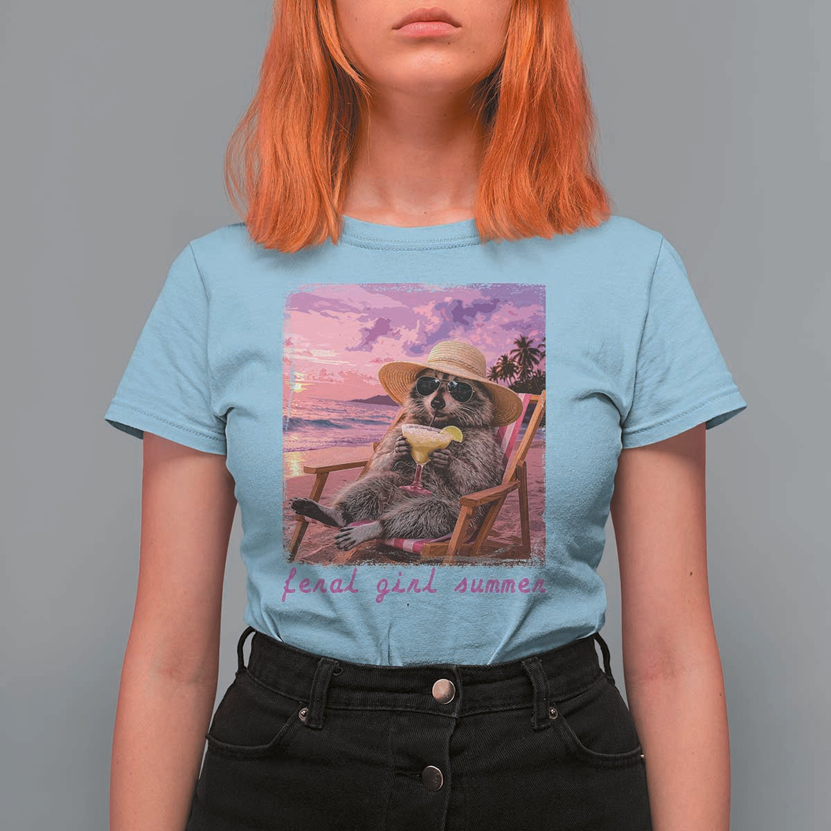 Feral Girl Summer T Shirt For Women Funny Raccoon Summer Beach Meme
