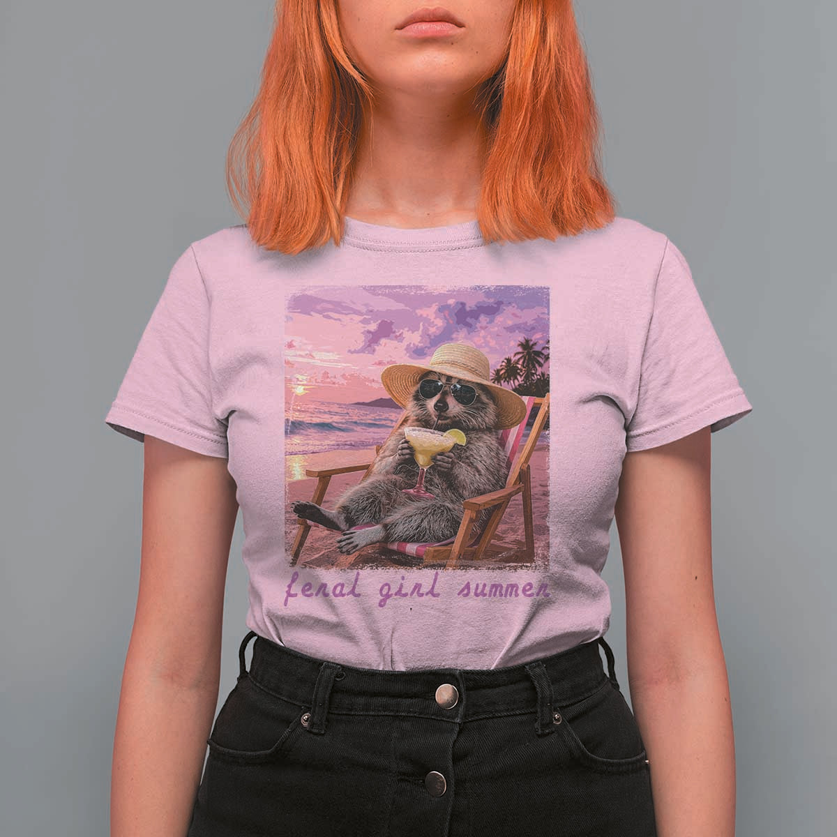 Feral Girl Summer T Shirt For Women Funny Raccoon Summer Beach Meme