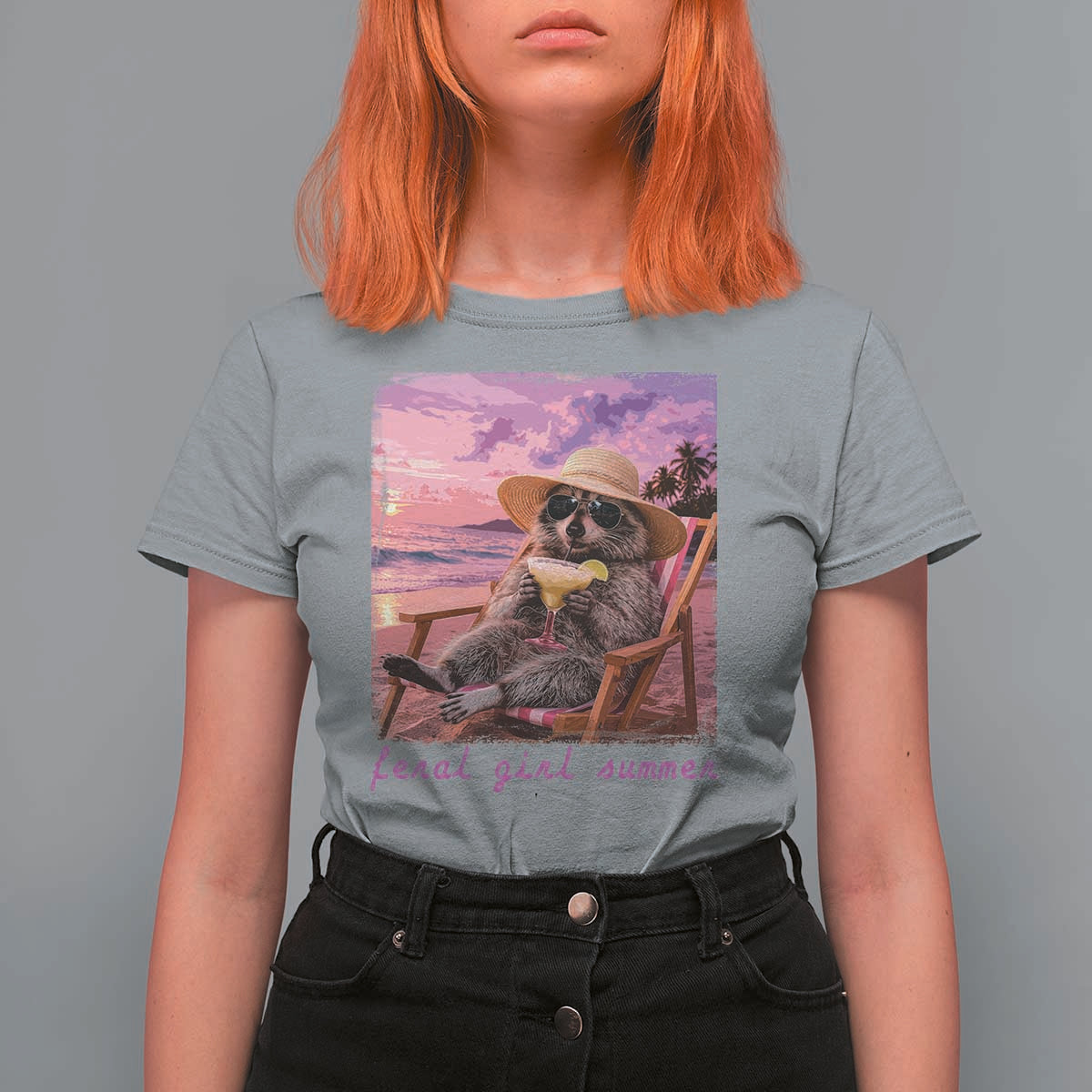 Feral Girl Summer T Shirt For Women Funny Raccoon Summer Beach Meme