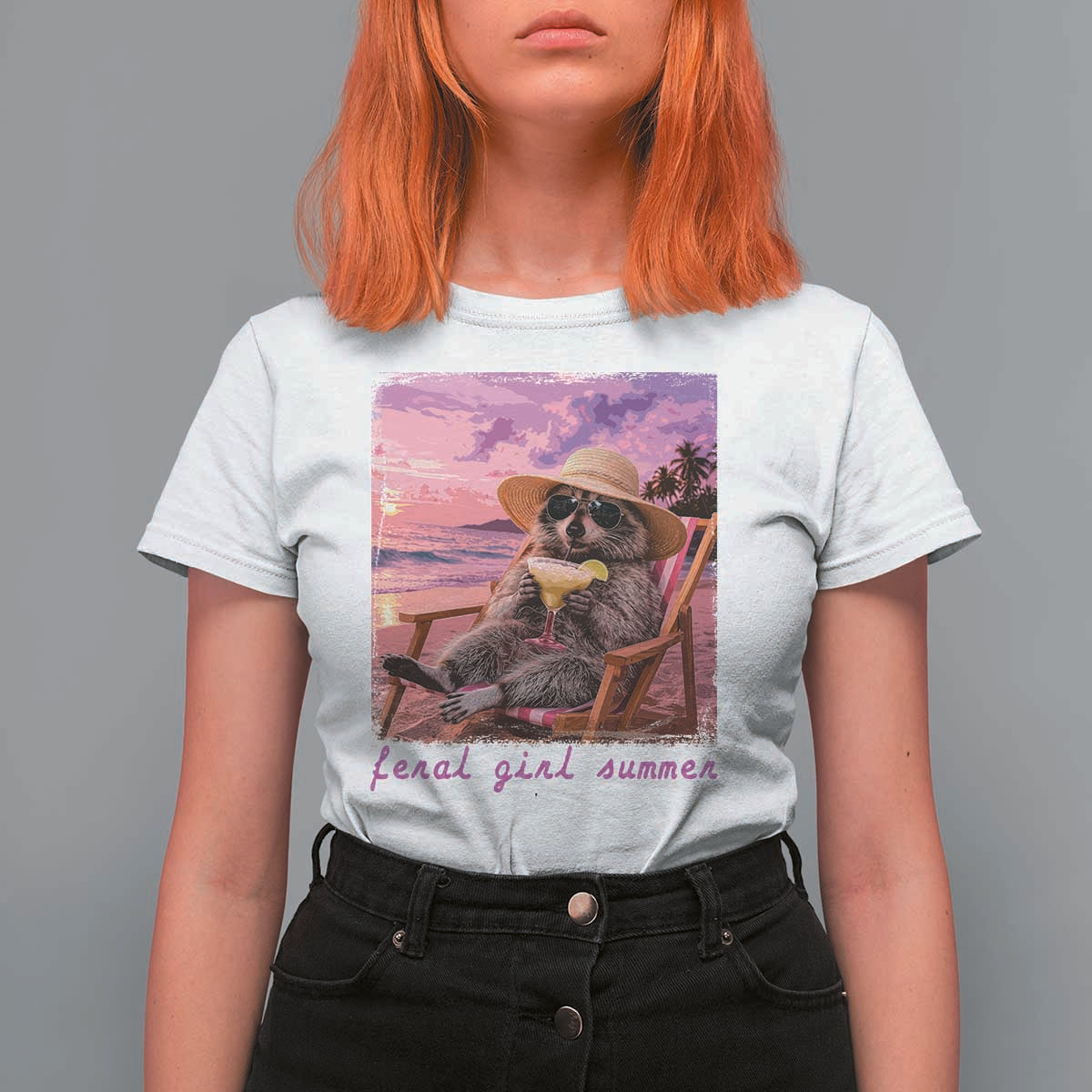Feral Girl Summer T Shirt For Women Funny Raccoon Summer Beach Meme