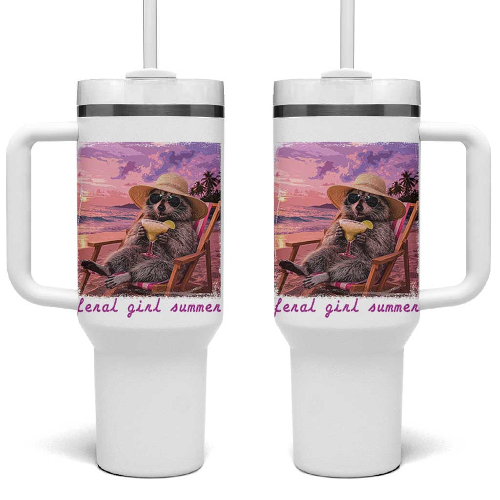 Feral Girl Summer Tumbler With Handle Funny Raccoon Summer Beach Meme