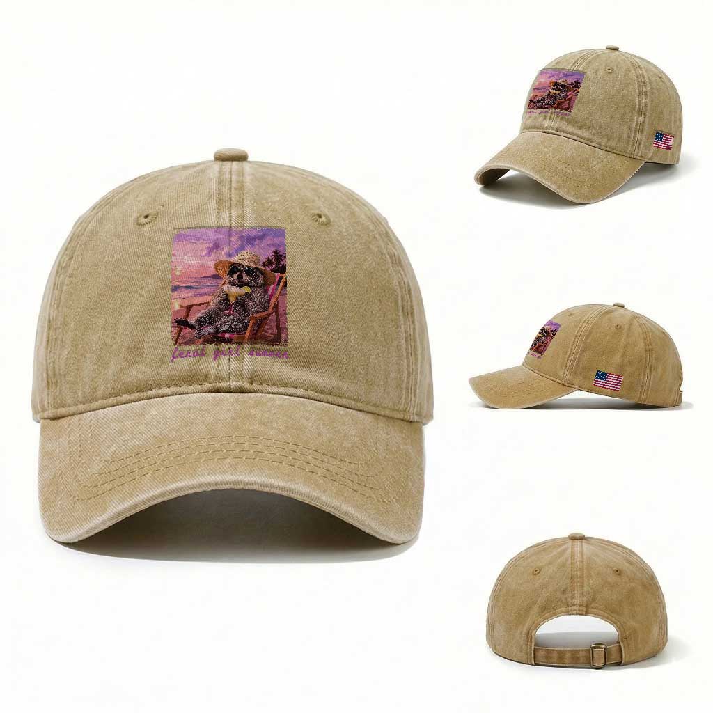 Feral Girl Summer Washed Cotton Baseball Cap Funny Raccoon Summer Beach Meme