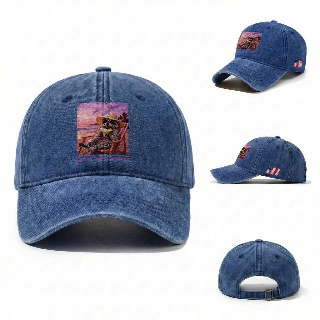 Feral Girl Summer Washed Cotton Baseball Cap Funny Raccoon Summer Beach Meme