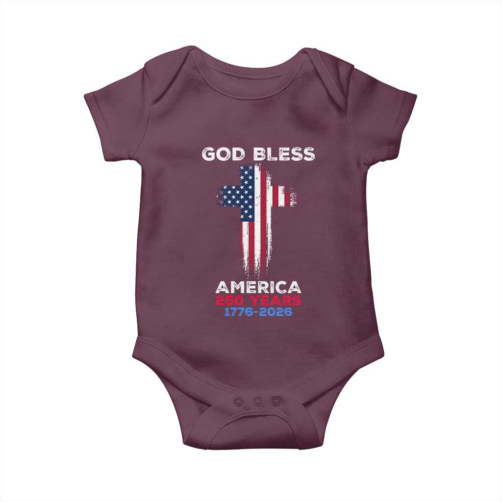 God Bless America 250 Years 1776-2026 Baby Onesie Christian Cross Flag