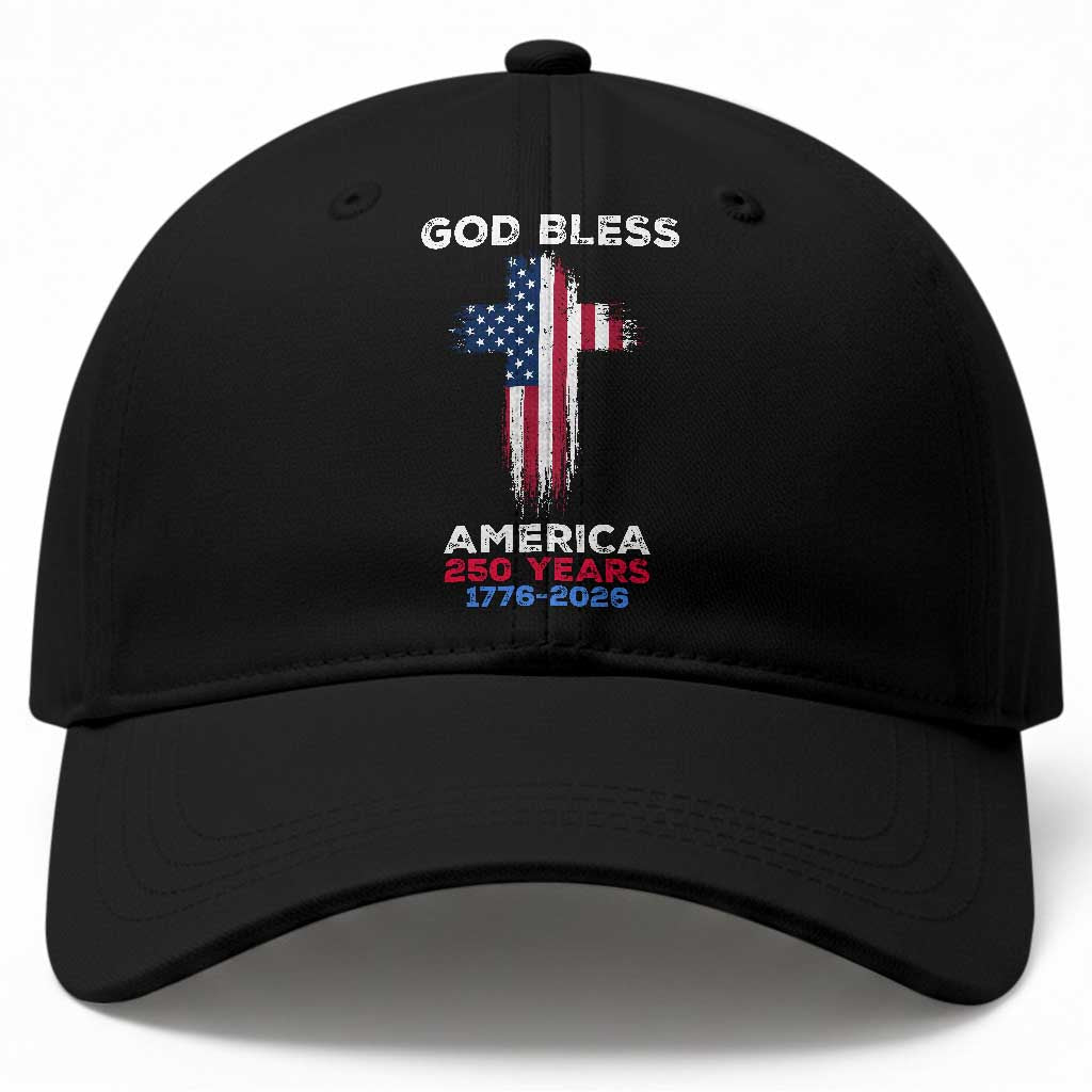 God Bless America 250 Years 1776-2026 Baseball Cap Christian Cross Flag