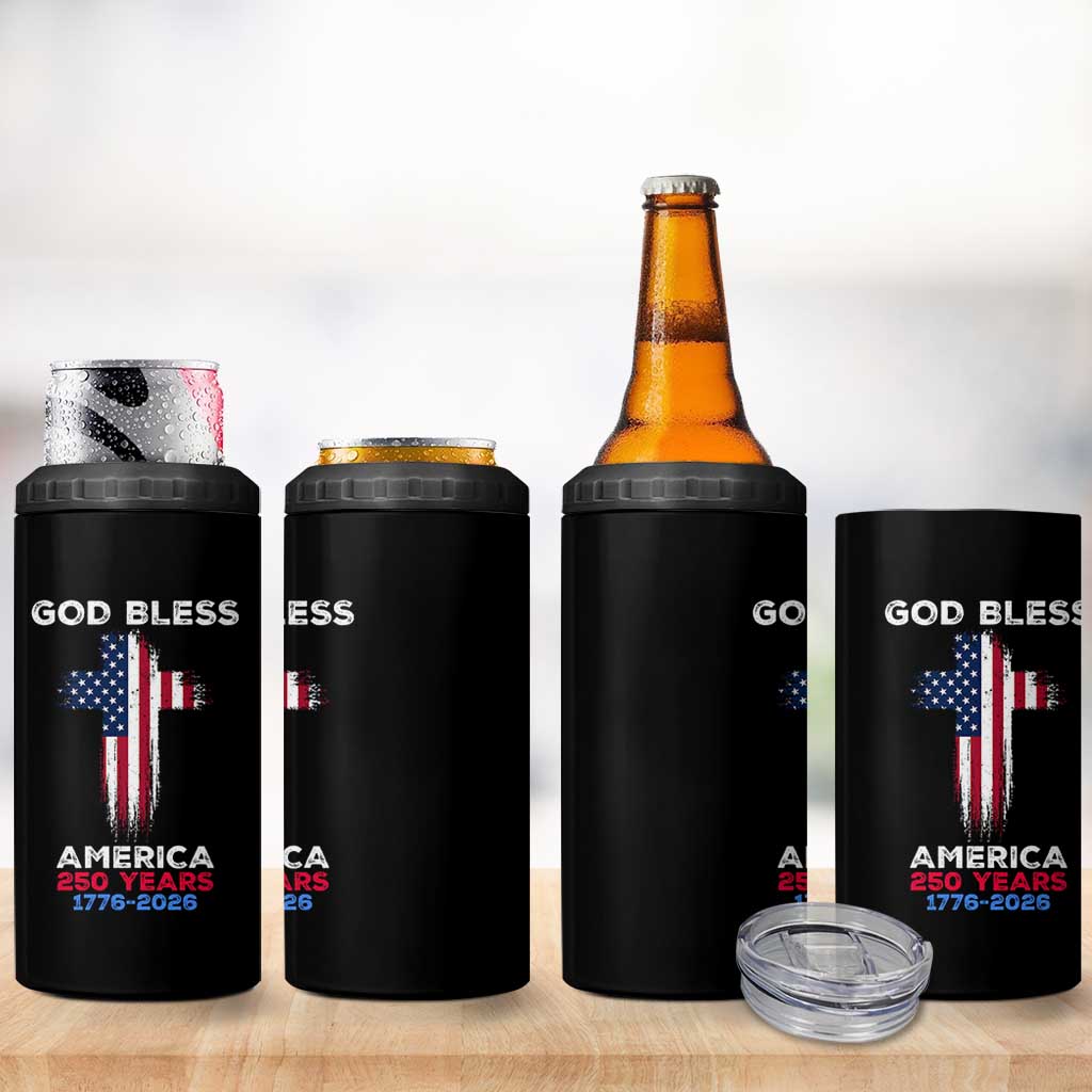 God Bless America 250 Years 1776-2026 4 in 1 Can Cooler Tumbler Christian Cross Flag