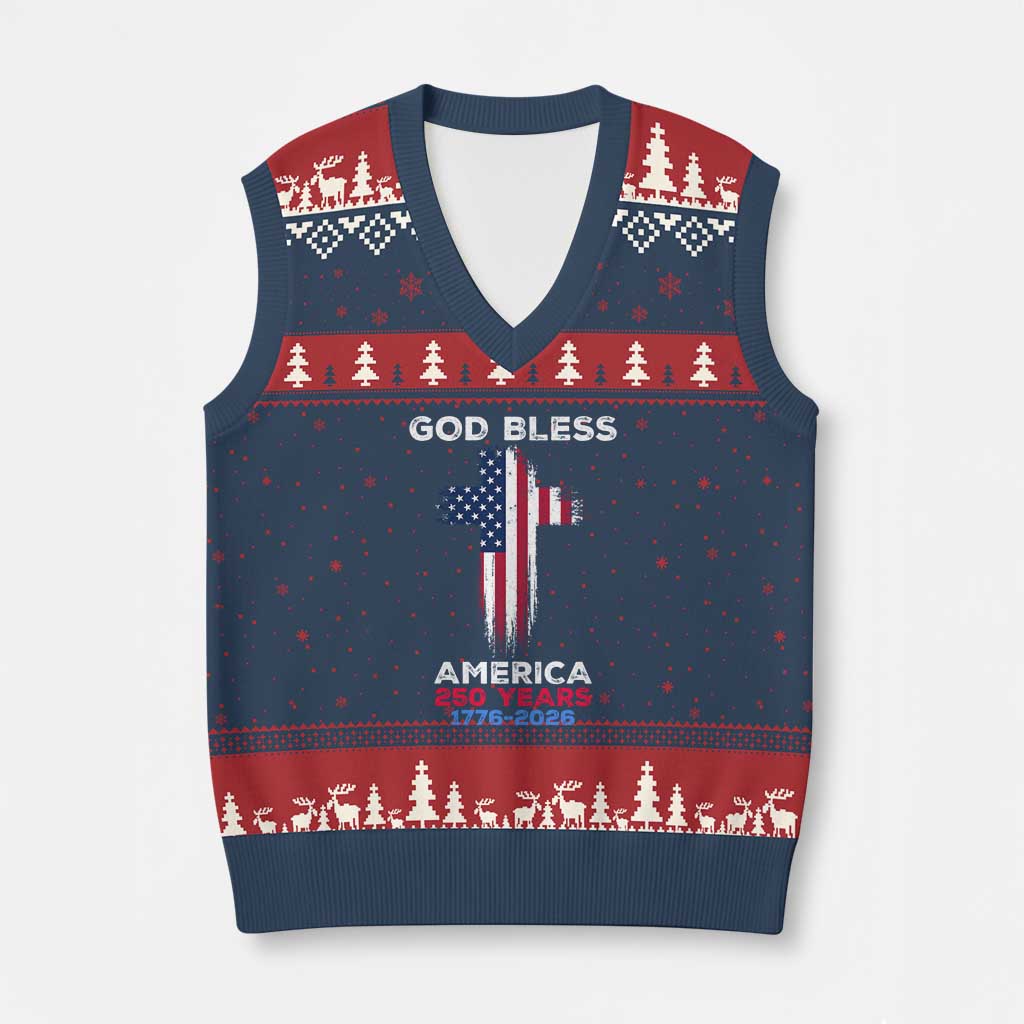 God Bless America 250 Years 1776-2026 V-Neck Knit Sweater Vest Christian Cross Flag