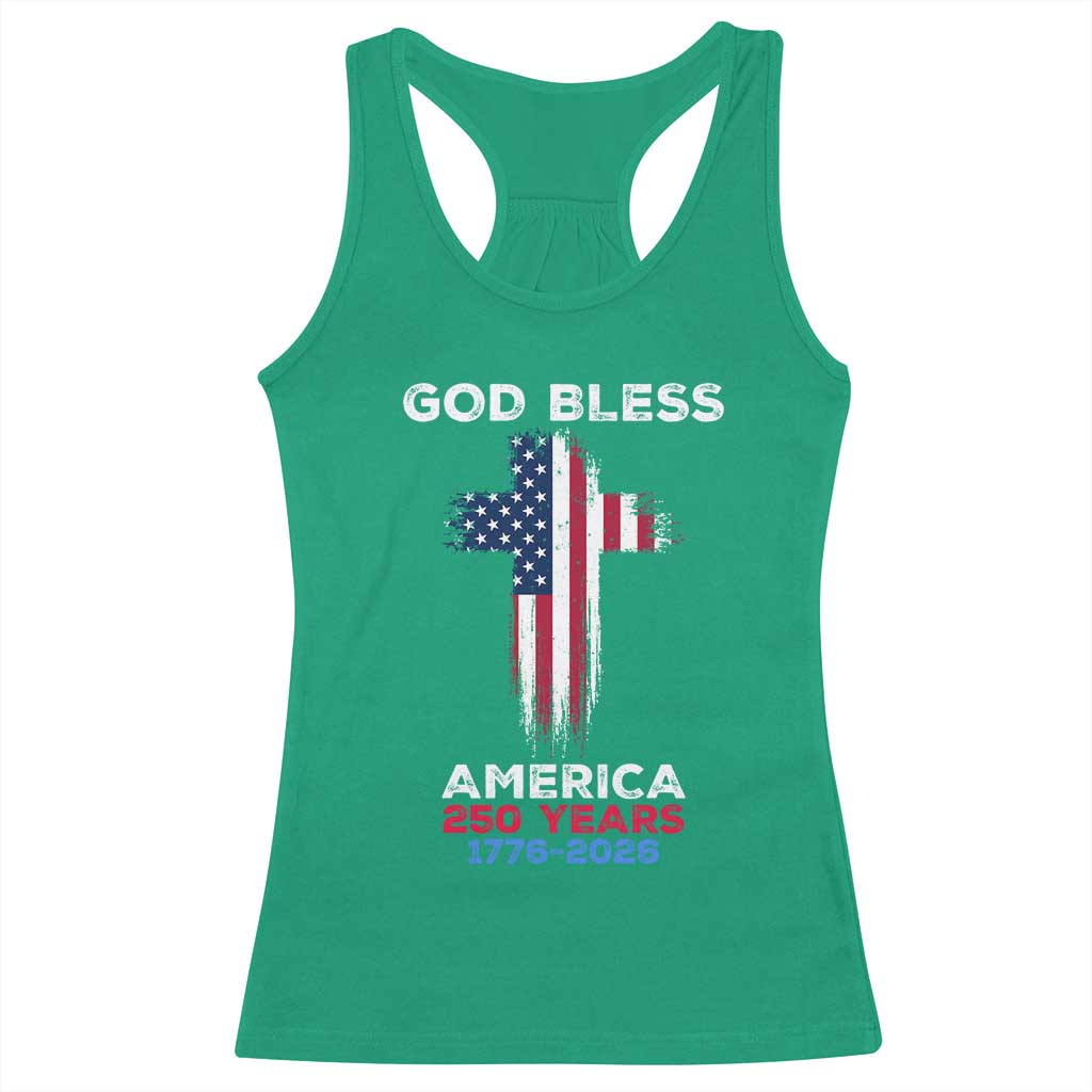God Bless America 250 Years 1776-2026 Racerback Tank Top Christian Cross Flag