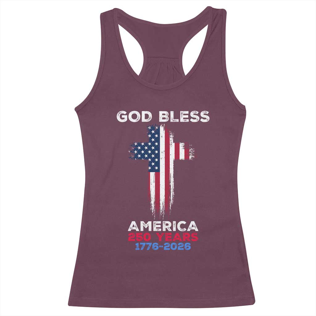 God Bless America 250 Years 1776-2026 Racerback Tank Top Christian Cross Flag