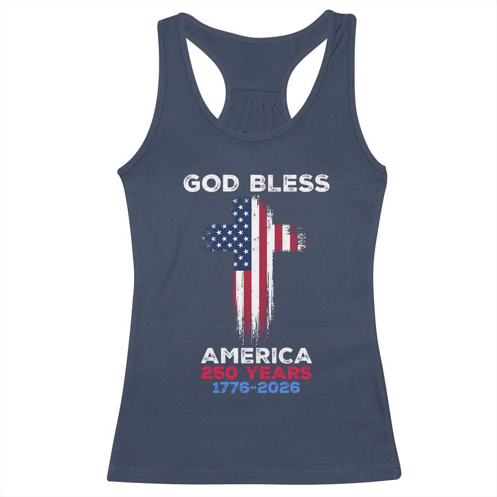 God Bless America 250 Years 1776-2026 Racerback Tank Top Christian Cross Flag