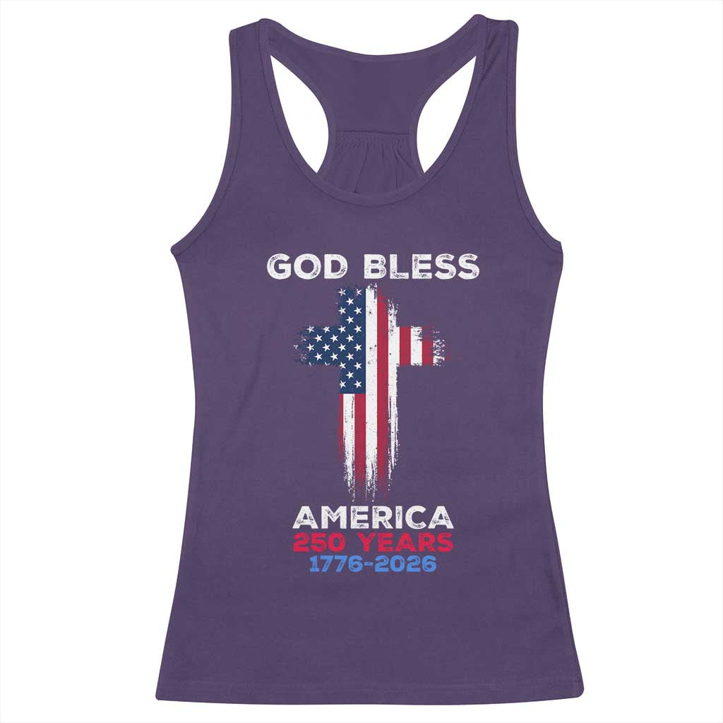 God Bless America 250 Years 1776-2026 Racerback Tank Top Christian Cross Flag