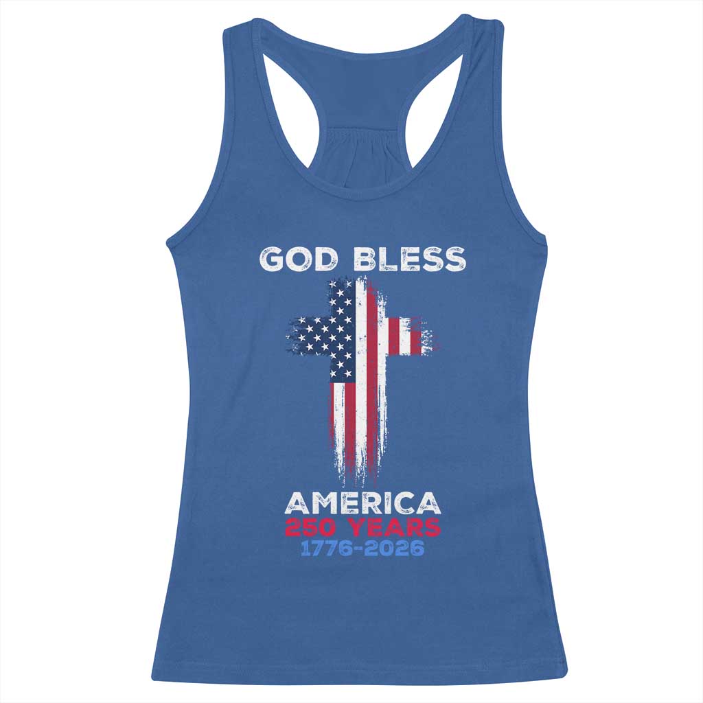 God Bless America 250 Years 1776-2026 Racerback Tank Top Christian Cross Flag