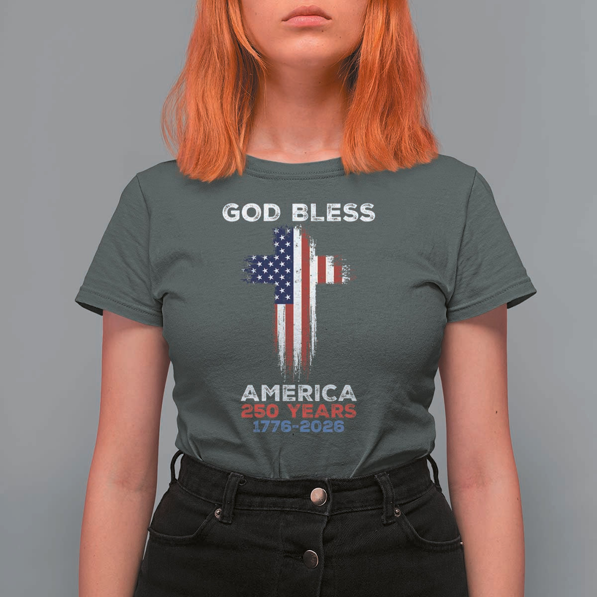 God Bless America 250 Years 1776-2026 T Shirt For Women Christian Cross Flag