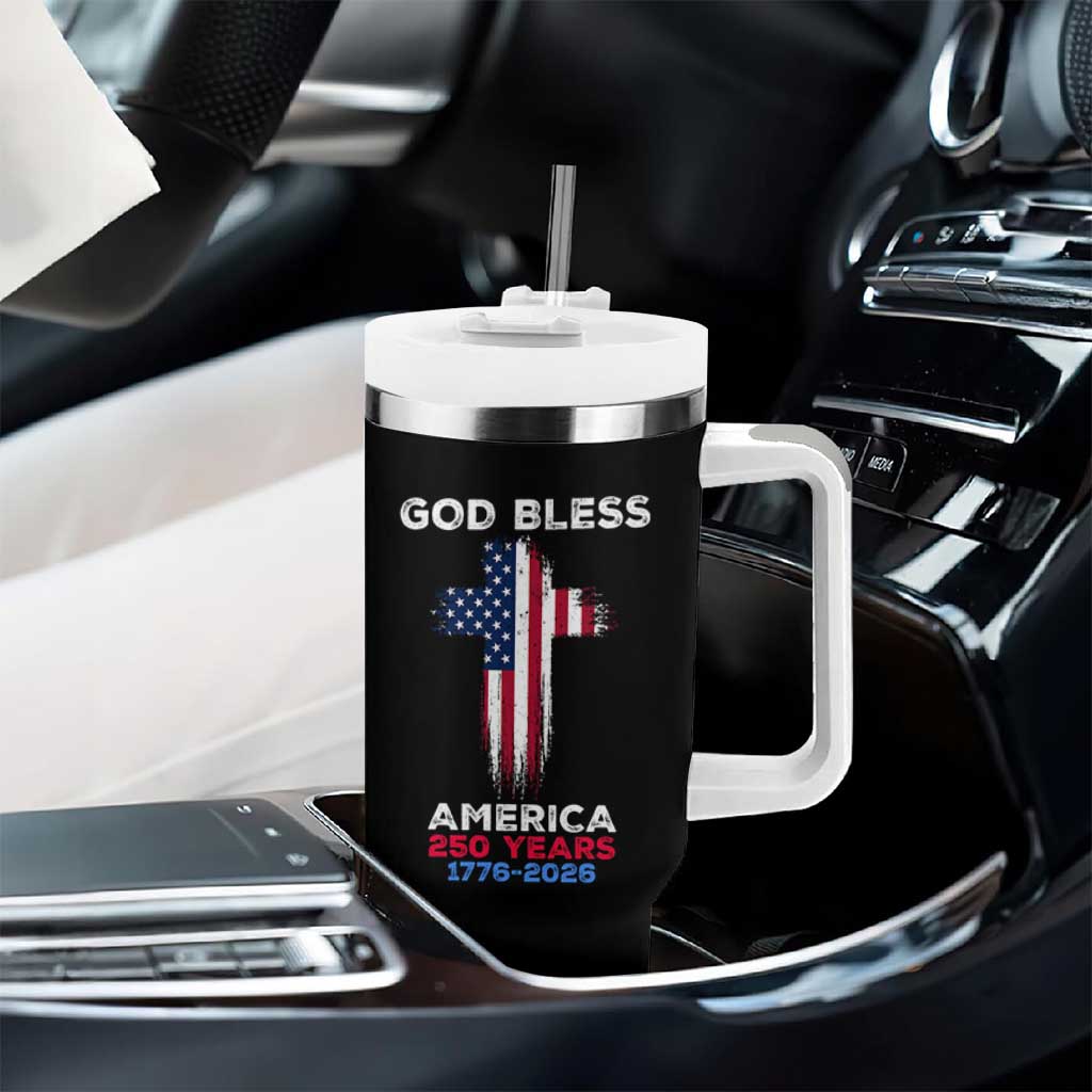 God Bless America 250 Years 1776-2026 Tumbler With Handle Christian Cross Flag