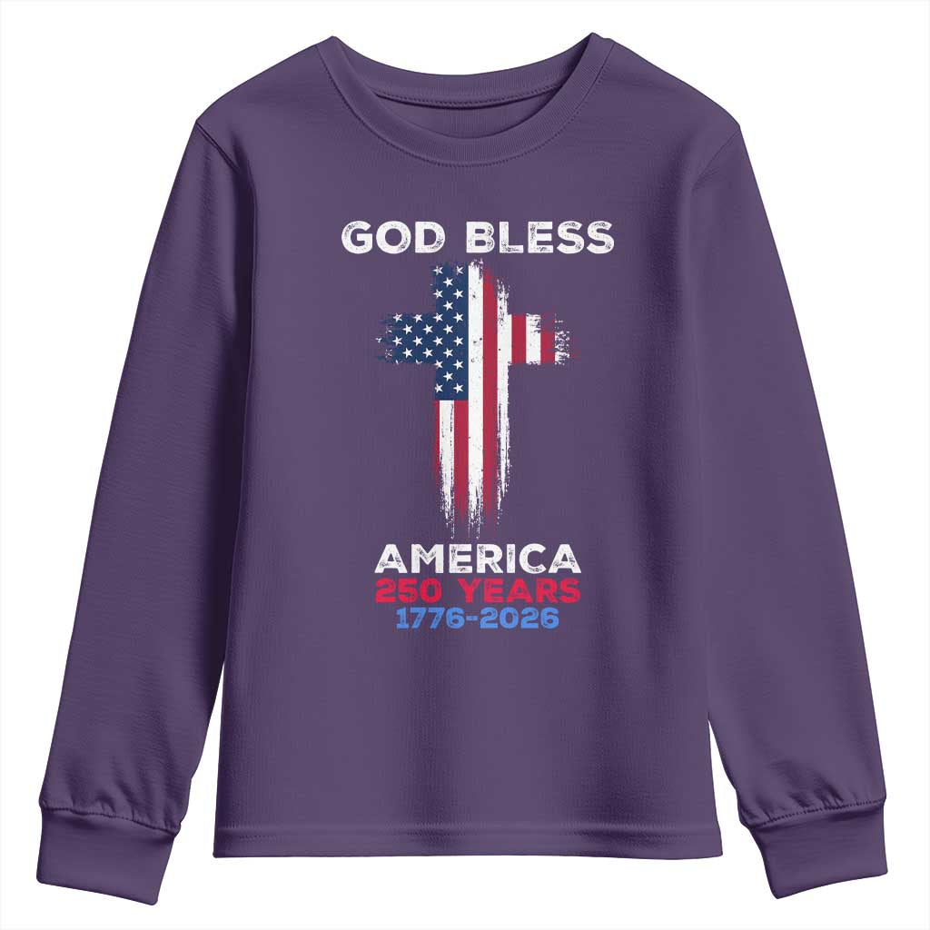 God Bless America 250 Years 1776-2026 Youth Sweatshirt Christian Cross Flag