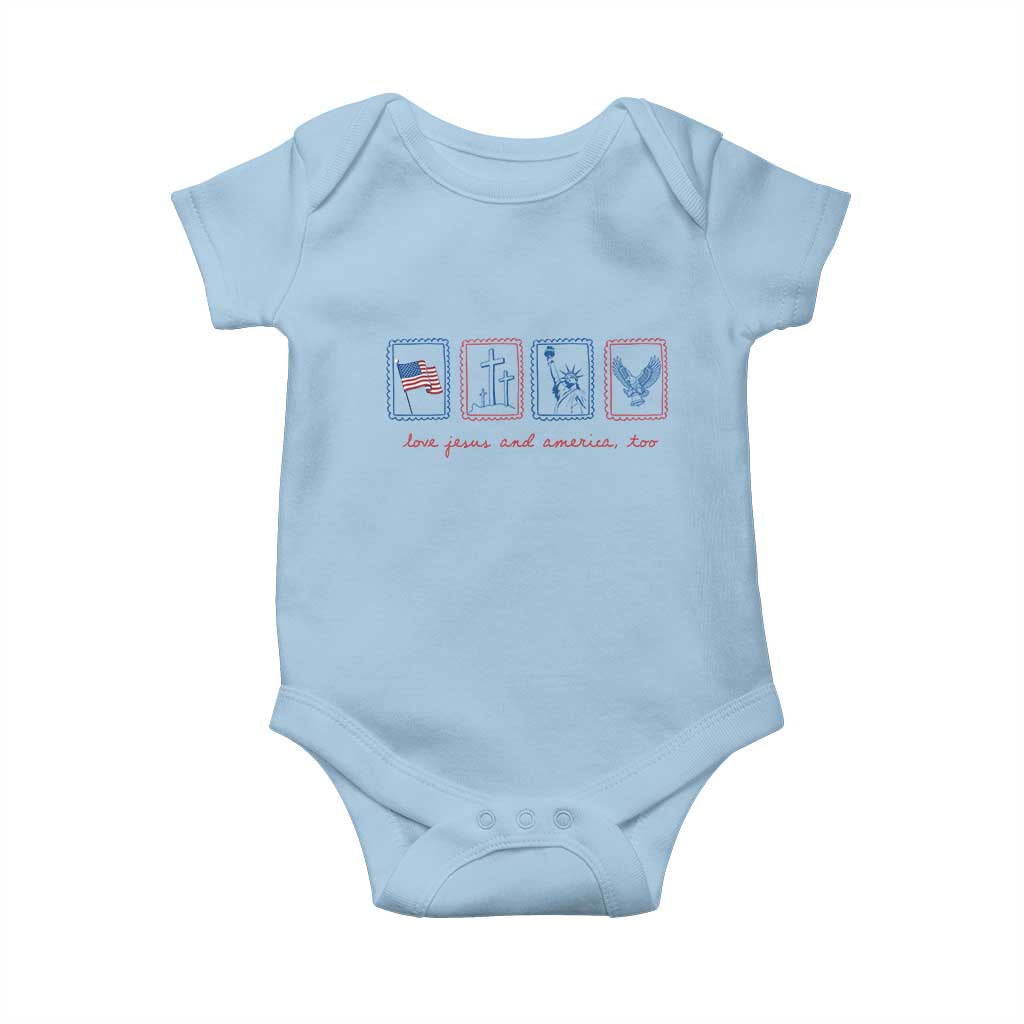 Loves Jesus and America Too Baby Onesie 4th of July Christian
