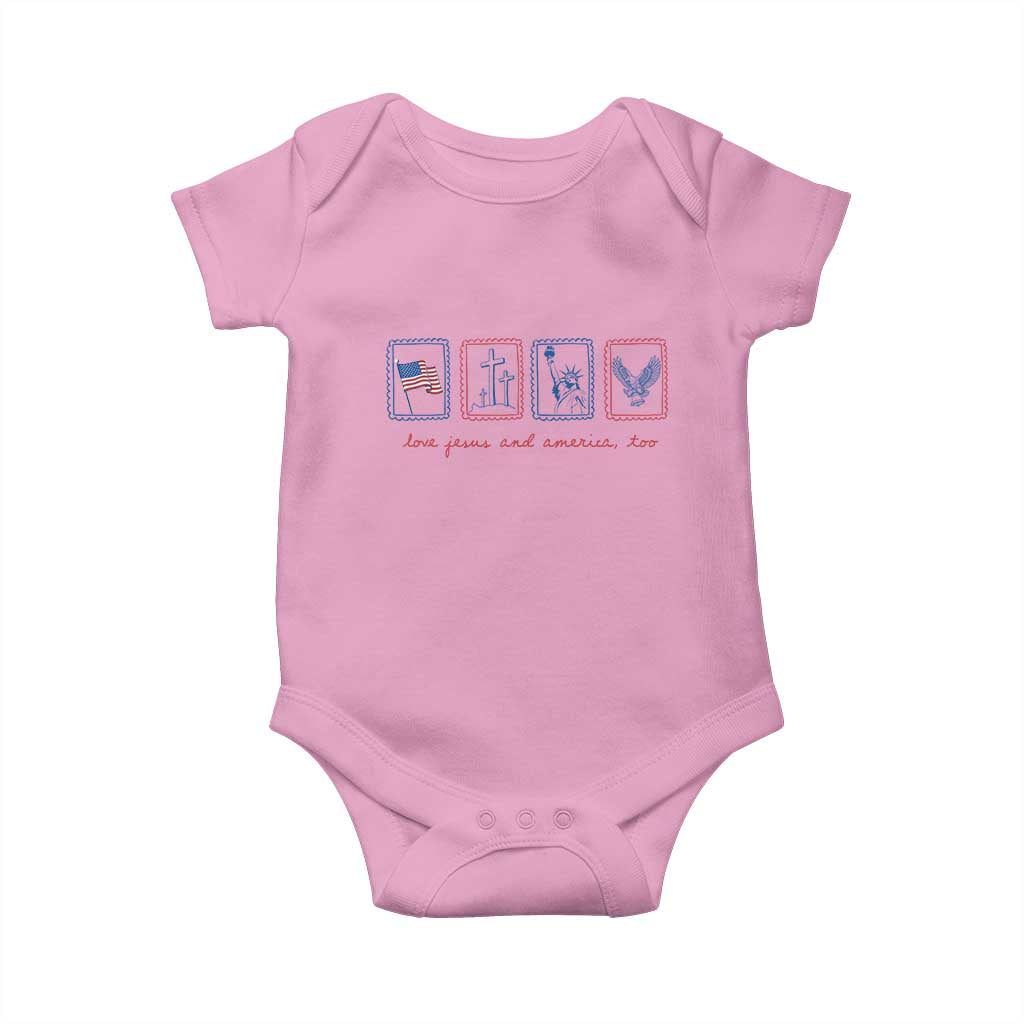 Loves Jesus and America Too Baby Onesie 4th of July Christian