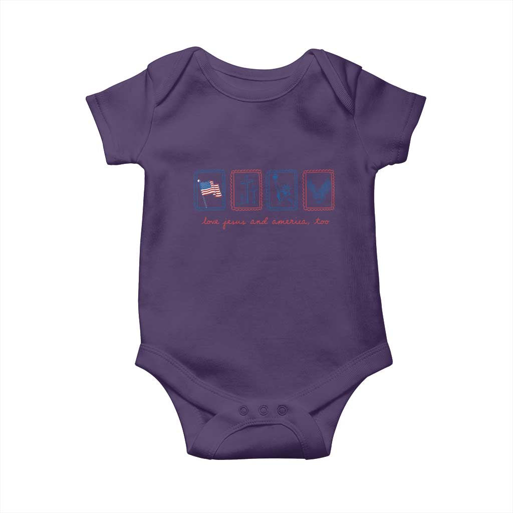 Loves Jesus and America Too Baby Onesie 4th of July Christian