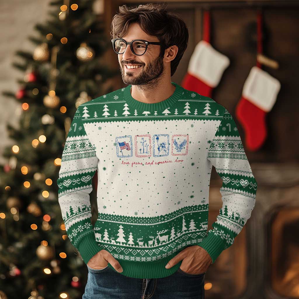 Loves Jesus and America Too Ugly Christmas Sweater 4th of July Christian