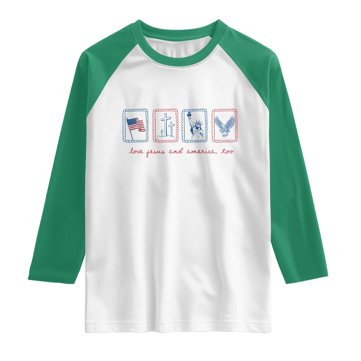 Loves Jesus and America Too Raglan Shirt 4th of July Christian