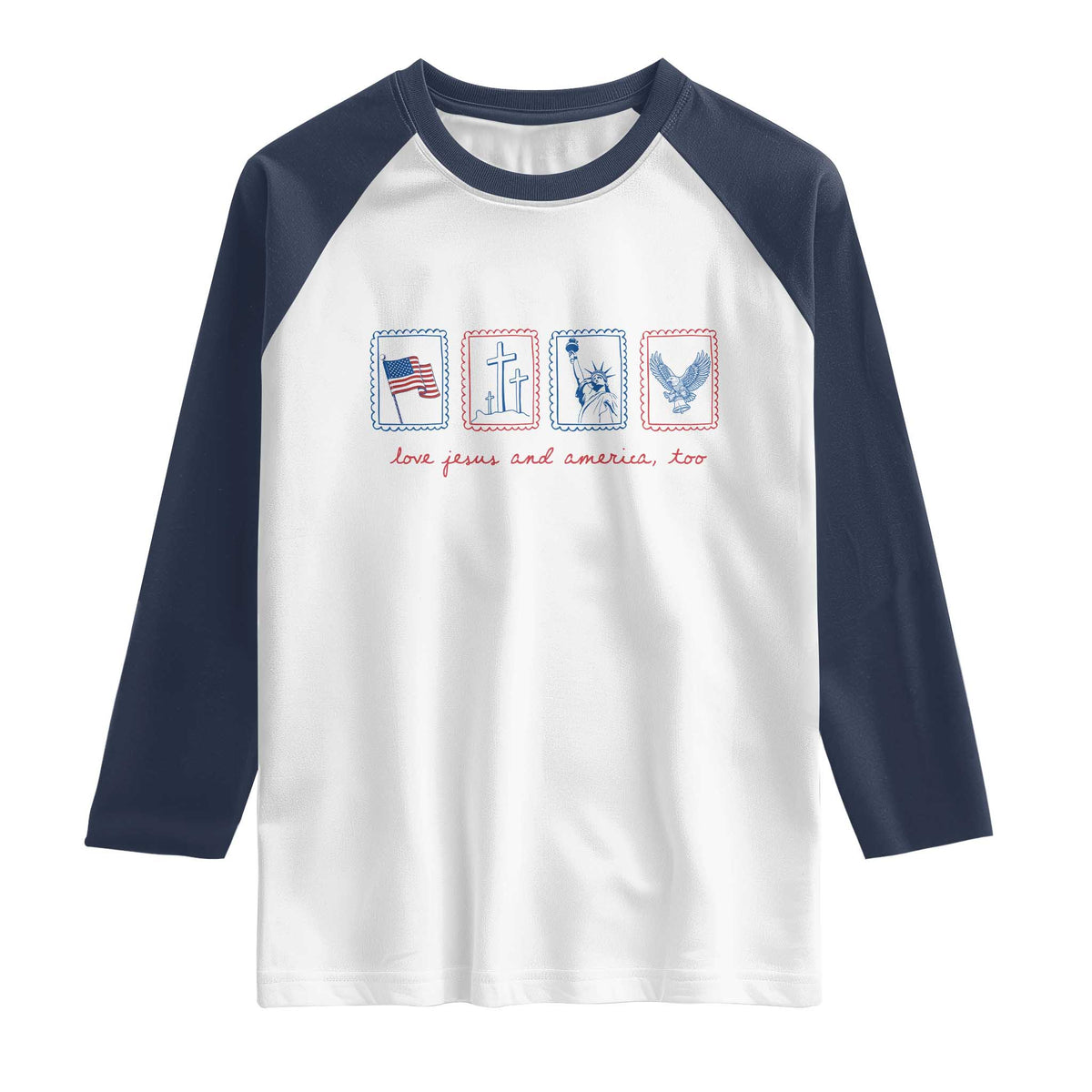 Loves Jesus and America Too Raglan Shirt 4th of July Christian