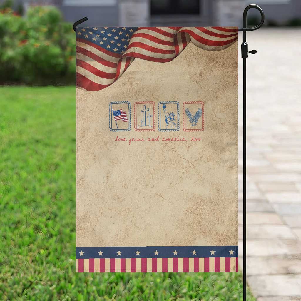 Loves Jesus and America Too Patriotic Garden Flag 4th of July Christian
