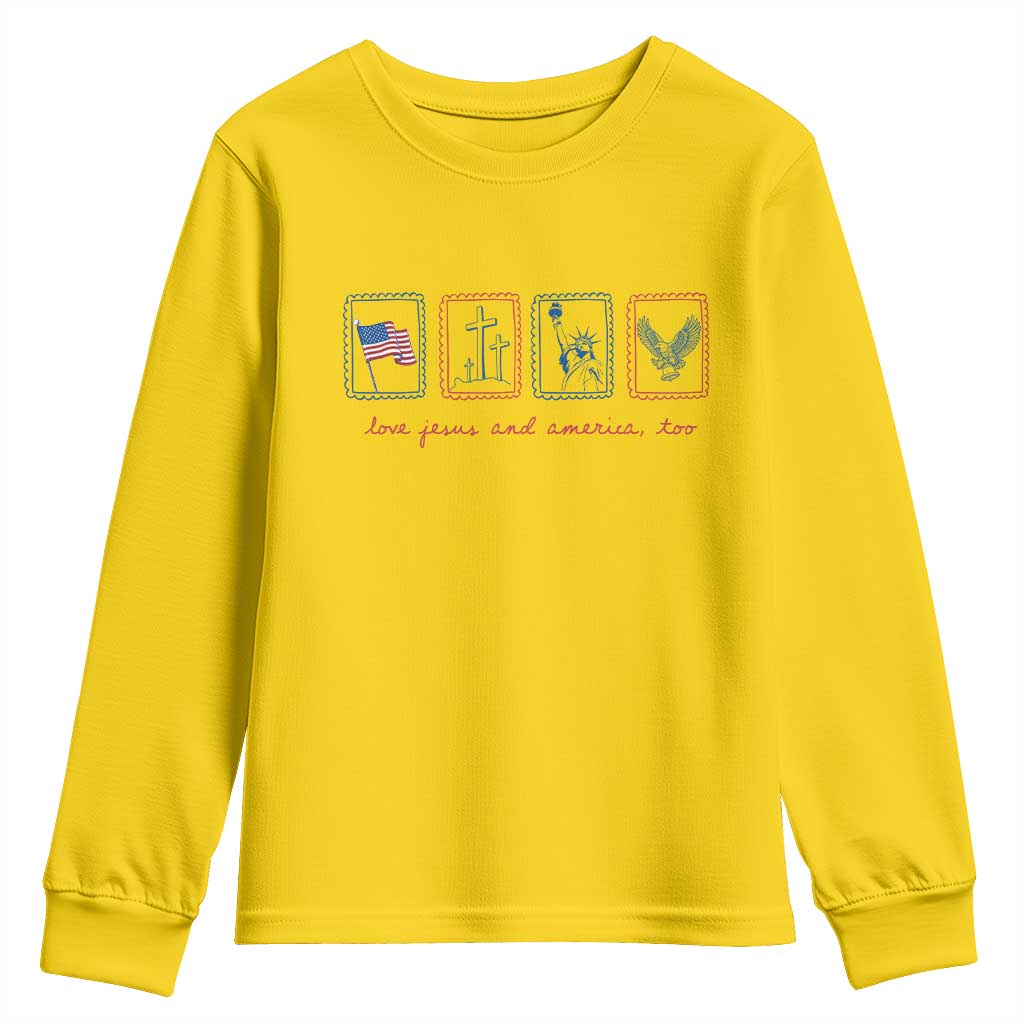 Loves Jesus and America Too Youth Sweatshirt 4th of July Christian