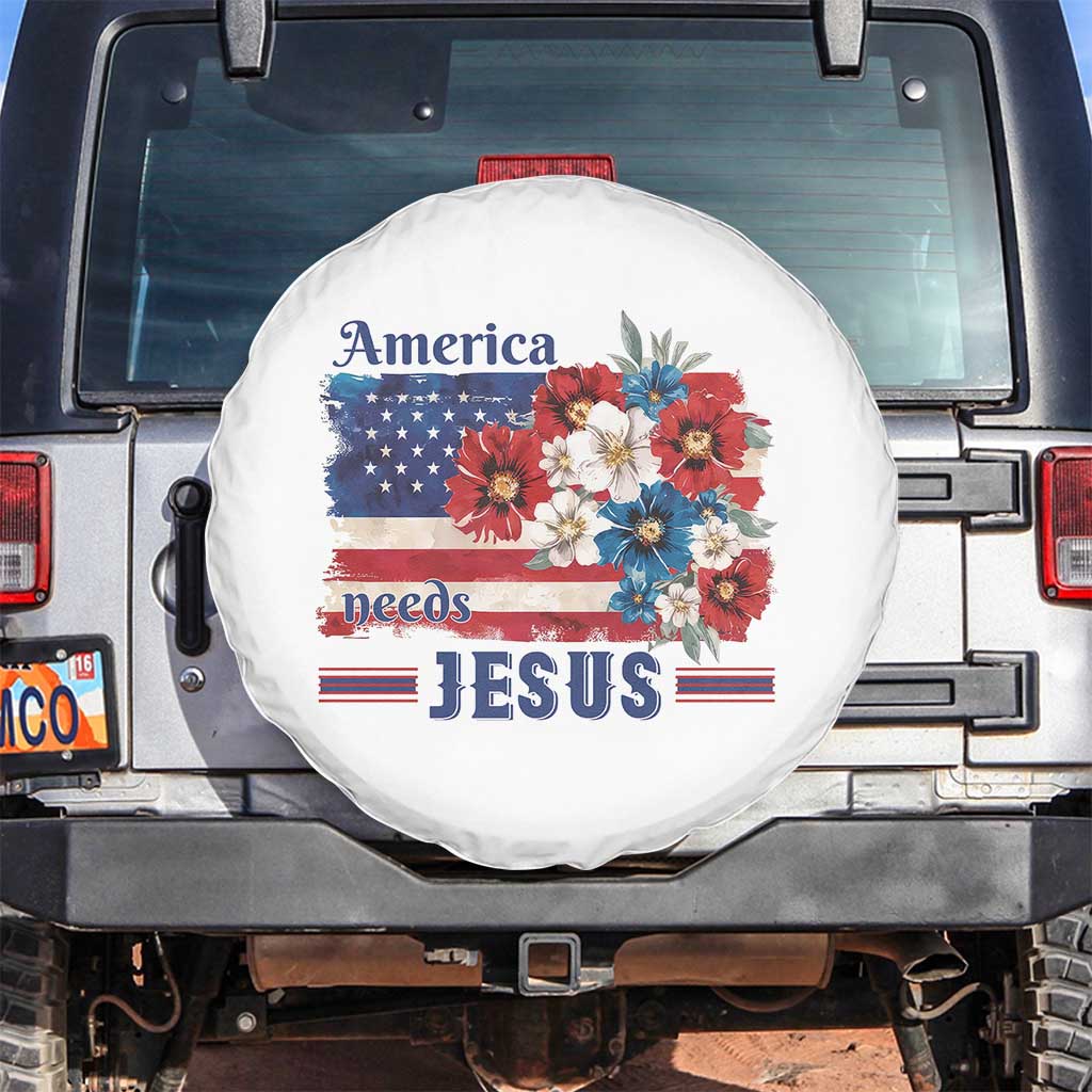 America Needs Jesus Spare Tire Cover Christian Floral US Flag 4th of July