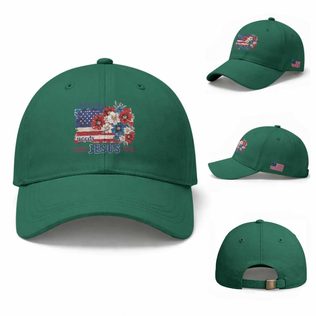 America Needs Jesus Baseball Cap Christian Floral US Flag 4th of July