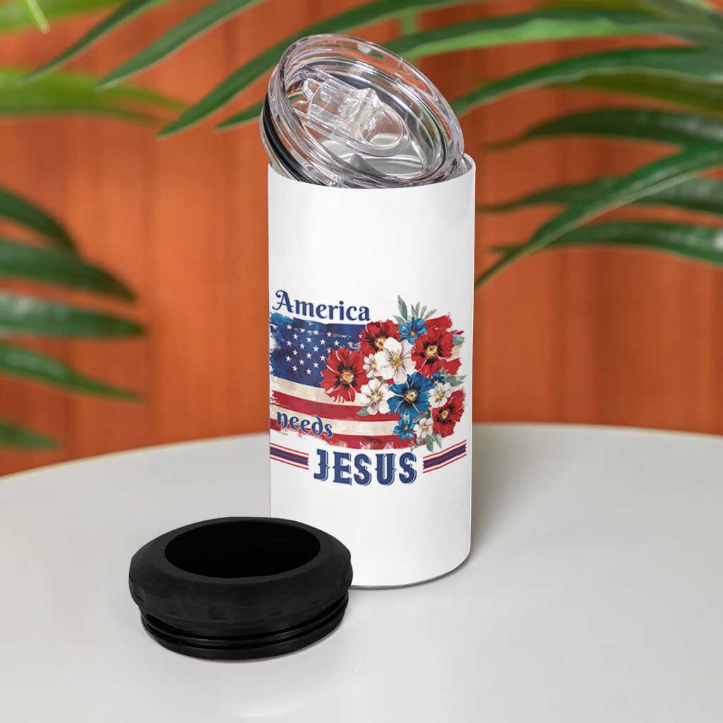 America Needs Jesus 4 in 1 Can Cooler Tumbler Christian Floral US Flag 4th of July