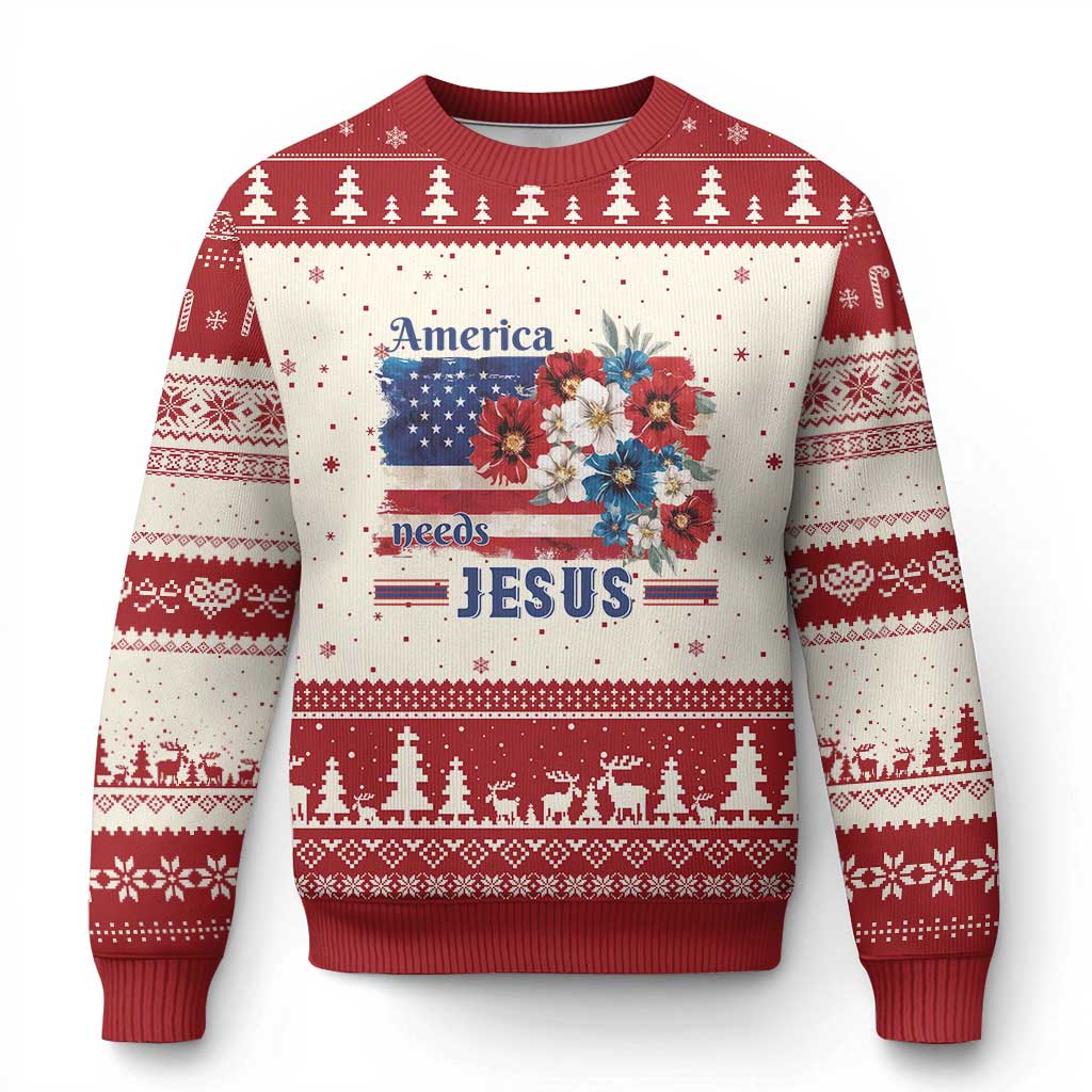 America Needs Jesus Ugly Christmas Sweater Christian Floral US Flag 4th of July