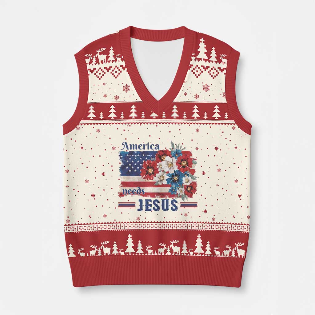 America Needs Jesus V-Neck Knit Sweater Vest Christian Floral US Flag 4th of July