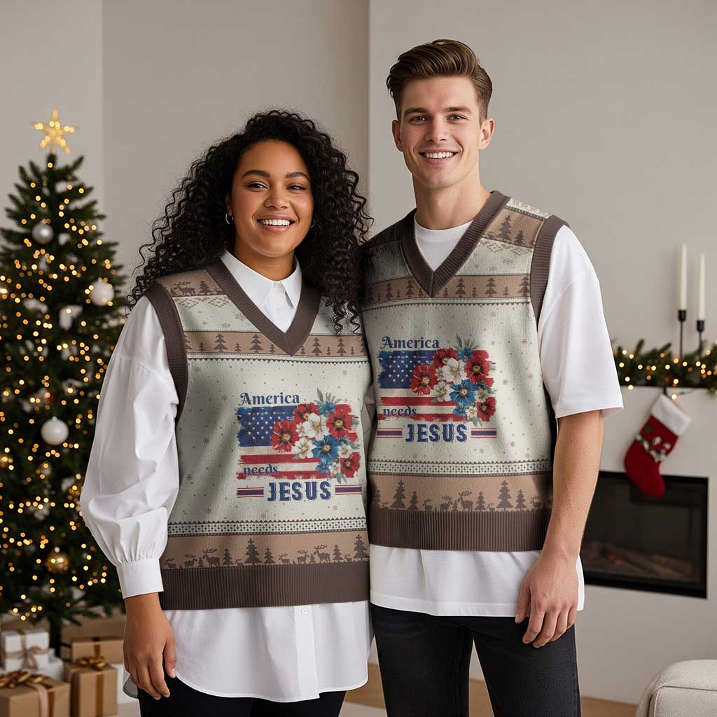America Needs Jesus V-Neck Knit Sweater Vest Christian Floral US Flag 4th of July